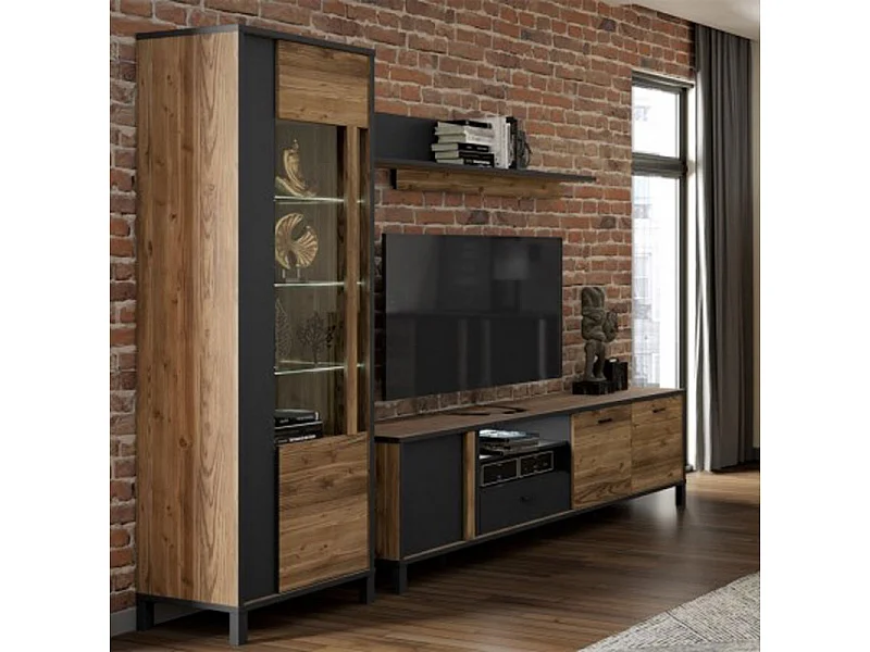 Meuble TV 200 cm 3 portes décor bois et noir pieds noir - CELIA