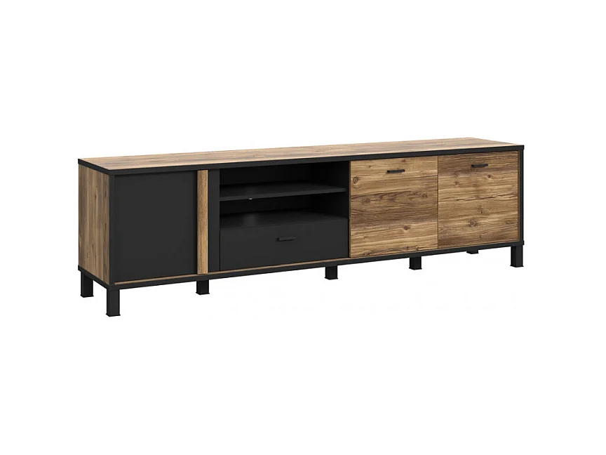 Meuble TV 200 cm 3 portes décor bois et noir pieds noir - CELIA