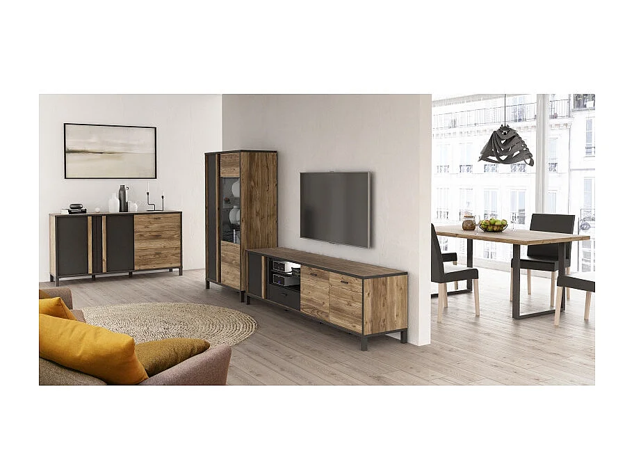 Meuble TV 200 cm 3 portes décor bois et noir pieds noir - CELIA
