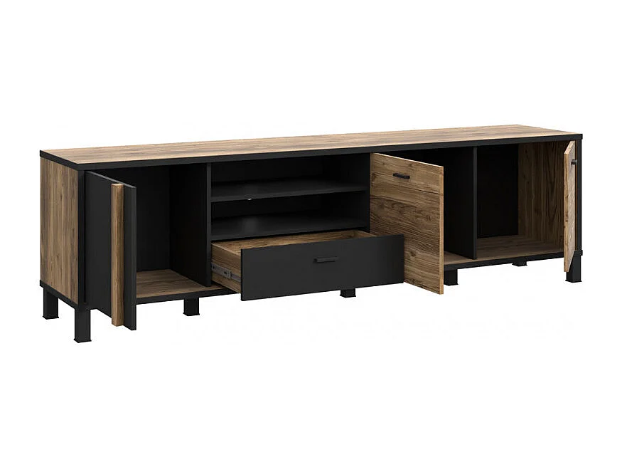 Meuble TV 200 cm 3 portes décor bois et noir pieds noir - CELIA