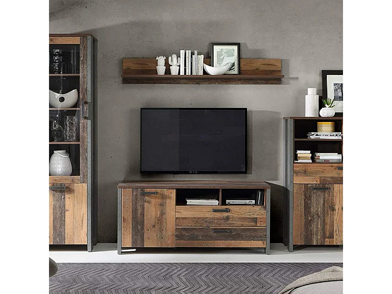 Meuble TV 1 porte et 2 tiroirs effet bois vieilli et béton gris - BUCK