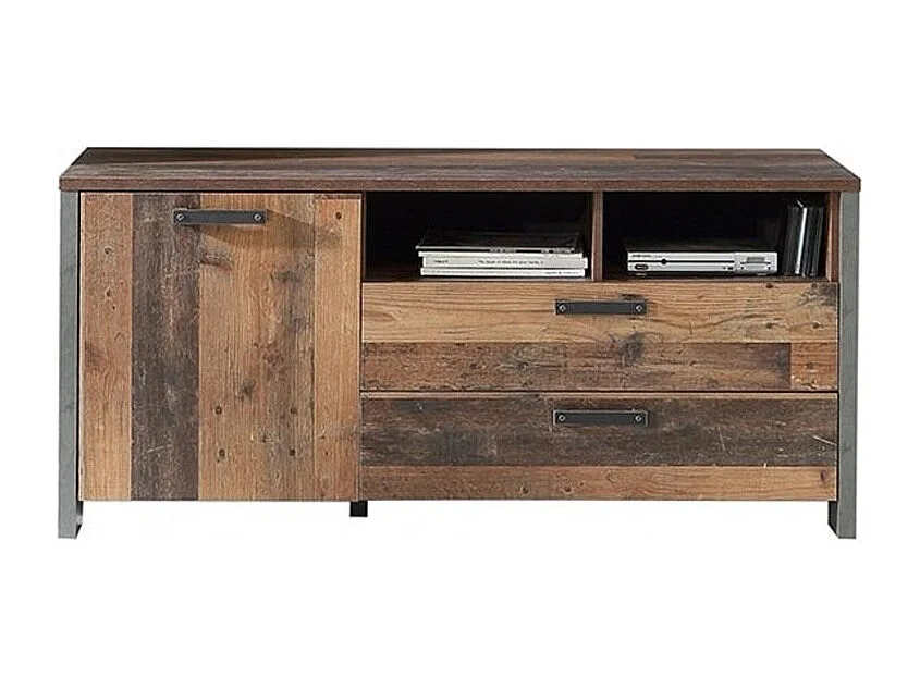 Meuble TV 1 porte et 2 tiroirs effet bois vieilli et béton gris - BUCK