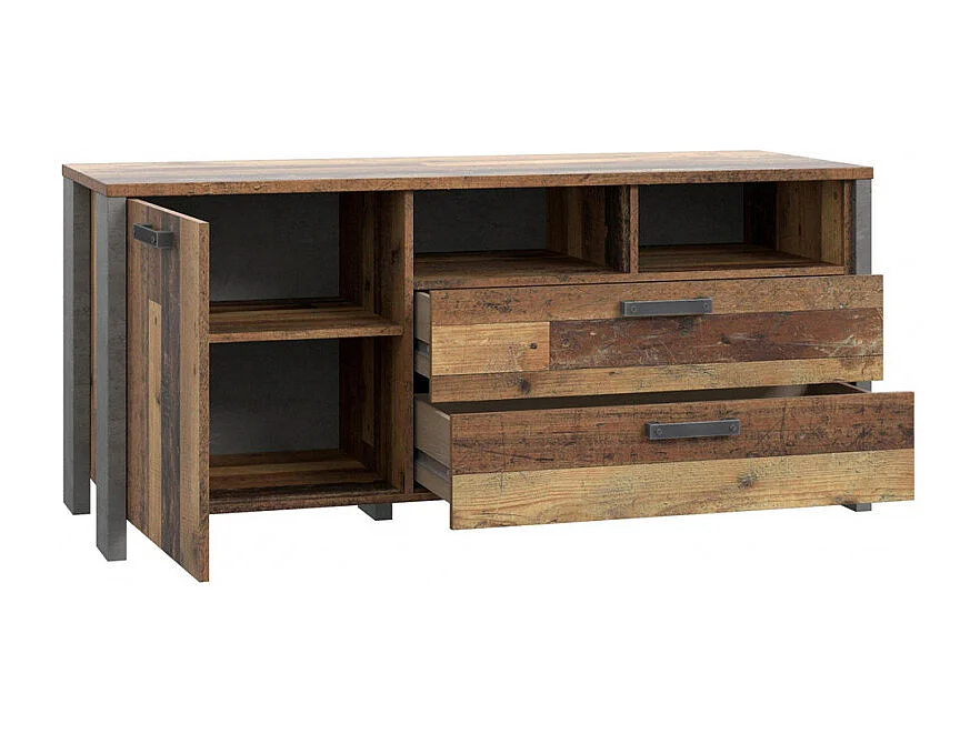 Meuble TV 1 porte et 2 tiroirs effet bois vieilli et béton gris - BUCK