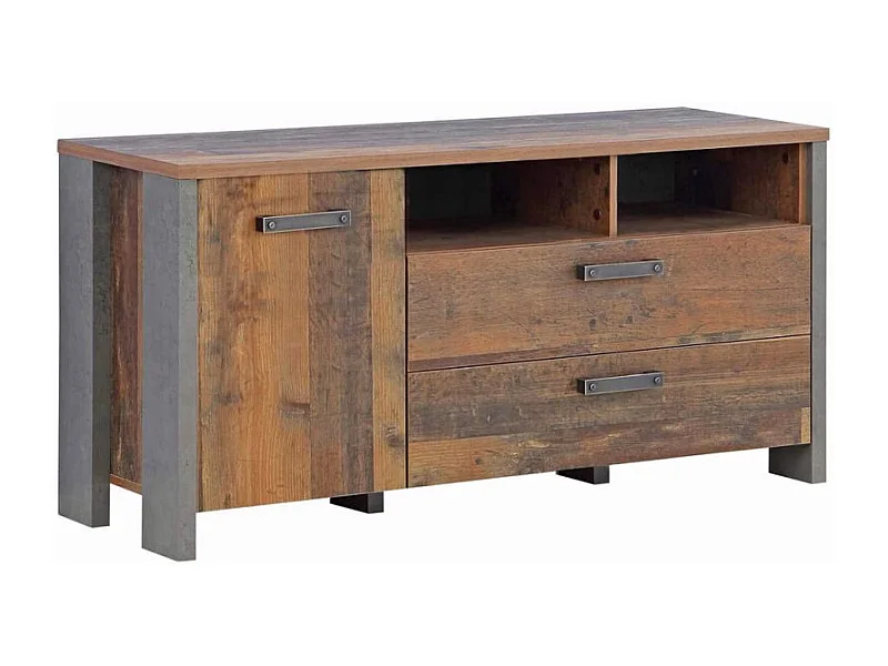 Meuble TV 1 porte et 2 tiroirs effet bois vieilli et béton gris - BUCK