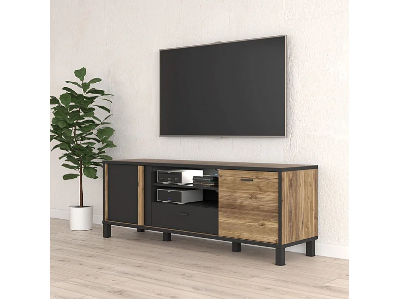 Meuble TV 155 cm 2 portes décor bois et noir pieds noir - CELIA