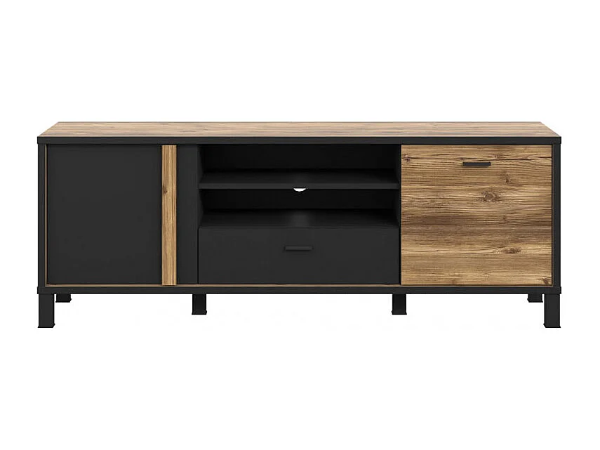 Meuble TV 155 cm 2 portes décor bois et noir pieds noir - CELIA