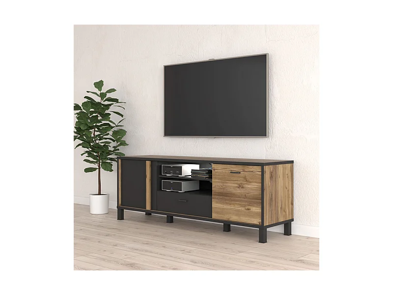 Meuble TV 155 cm 2 portes décor bois et noir pieds noir - CELIA