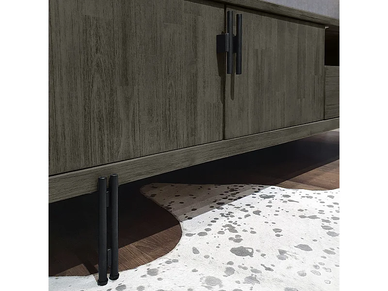 Meuble TV en bois d'acacia massif cendré avec piètement métal - KUBI