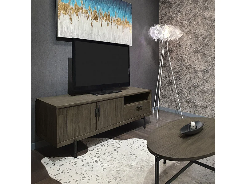 Meuble TV en bois d'acacia massif cendré avec piètement métal - KUBI