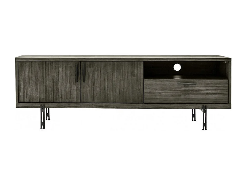 Meuble TV en bois d'acacia massif cendré avec piètement métal - KUBI