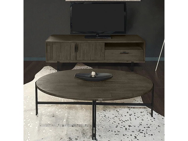 Meuble TV en bois d'acacia massif cendré avec piètement métal - KUBI