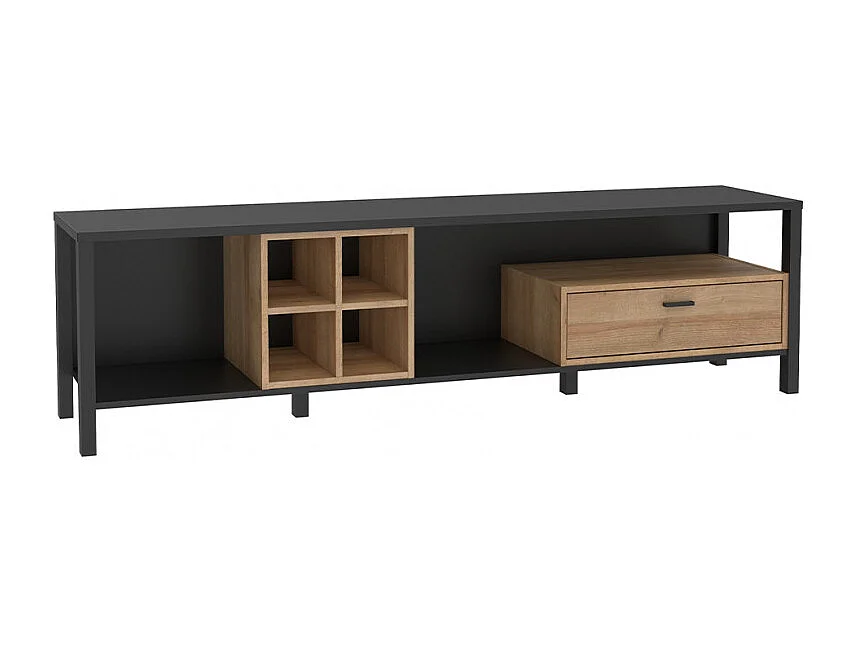 Meuble TV 181 cm décor noir et effet chêne avec poignée noir - MODE