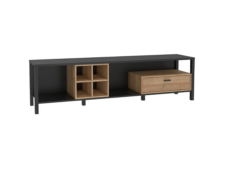 Meuble TV 181 cm décor noir et effet chêne avec poignée noir - MODE