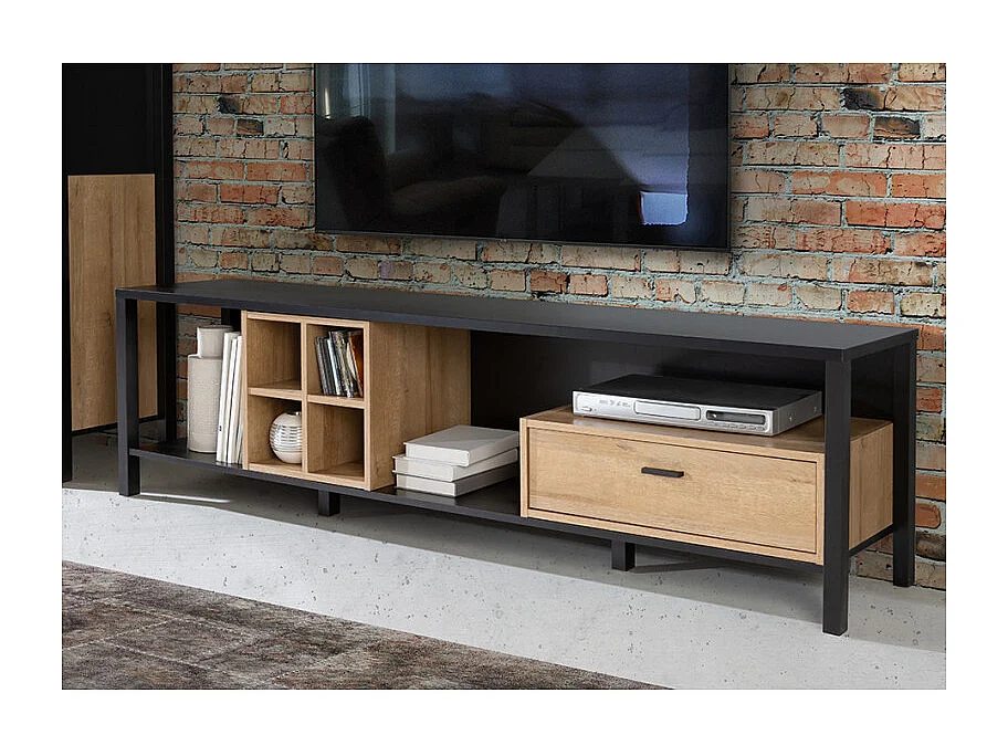 Meuble TV 181 cm décor noir et effet chêne avec poignée noir - MODE