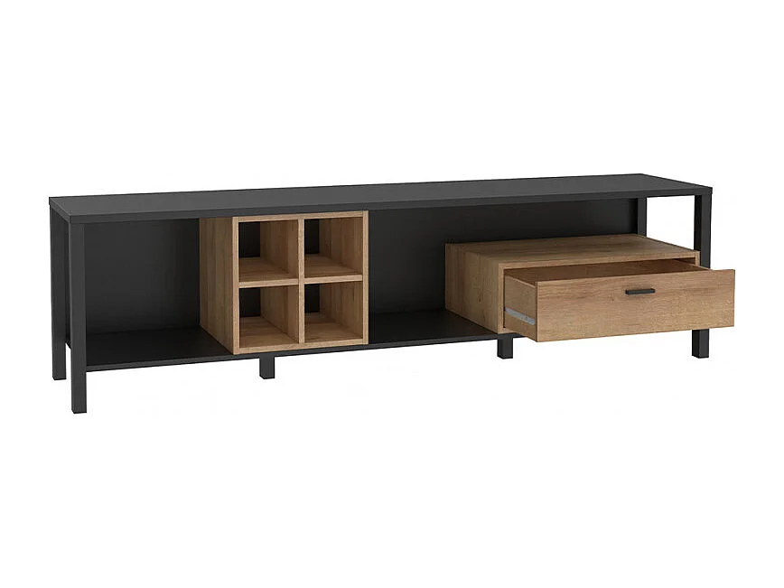 Meuble TV 181 cm décor noir et effet chêne avec poignée noir - MODE