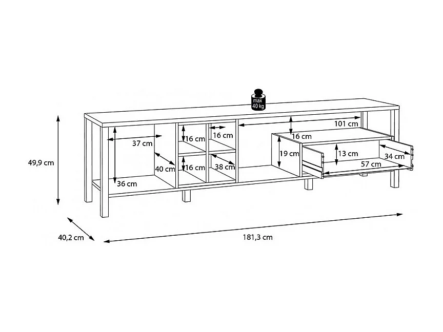 Meuble TV 181 cm décor noir et effet chêne avec poignée noir - MODE