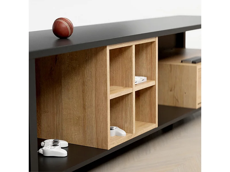 Meuble TV 181 cm décor noir et effet chêne avec poignée noir - MODE