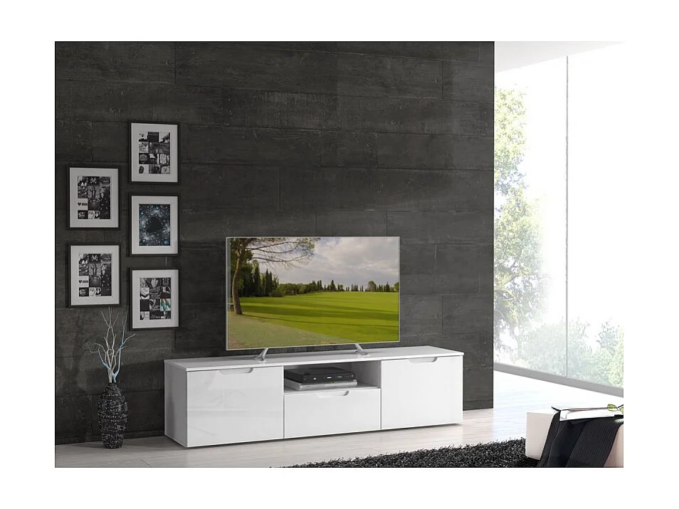 Meuble TV 170 cm blanc laqué et mat 2 portes 1 tiroir - PURE