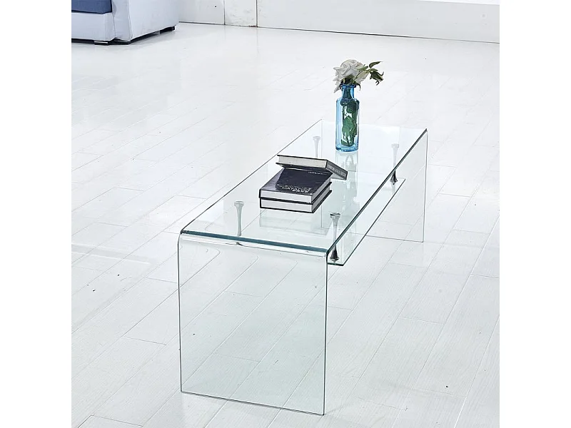 Meuble TV 126 cm en verre trempé avec étagère suspendue vitrée - ICE