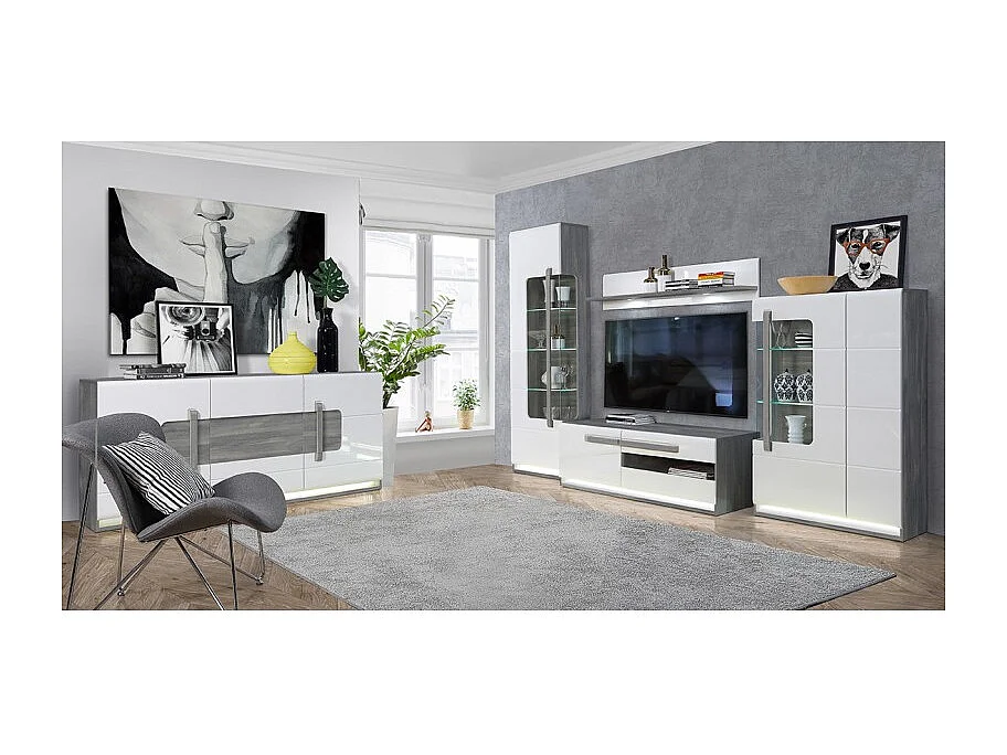 Meuble TV 140 cm 1 porte 2 tiroirs blanc et décor bois gris - ALEXIANE