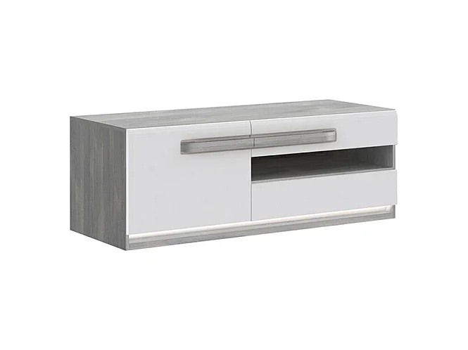 Meuble TV 140 cm 1 porte 2 tiroirs blanc et décor bois gris - ALEXIANE