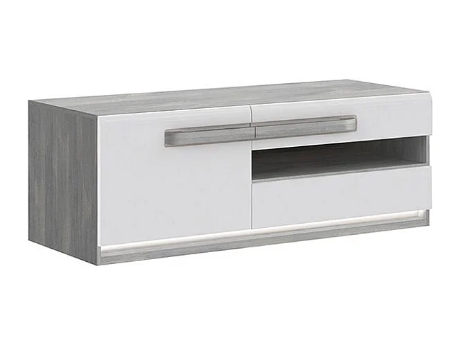 Meuble TV 140 cm 1 porte 2 tiroirs blanc et décor bois gris - ALEXIANE