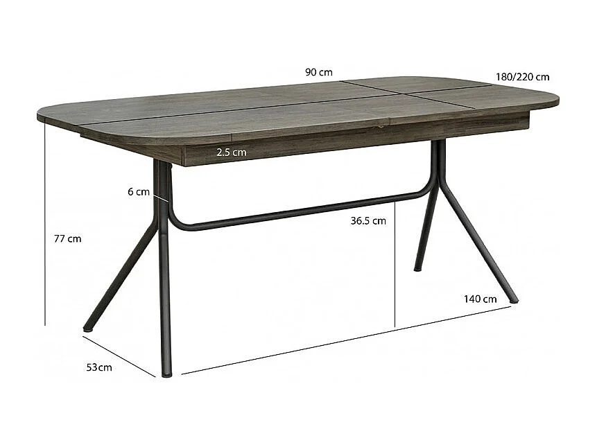 Table repas extensible L180/220 cm en bois cendré et métal - KUBI