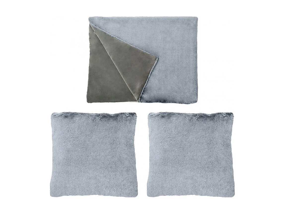 Lot de 2 coussins et 1 plaid en fausse fourrure gris givré doux - LEVY