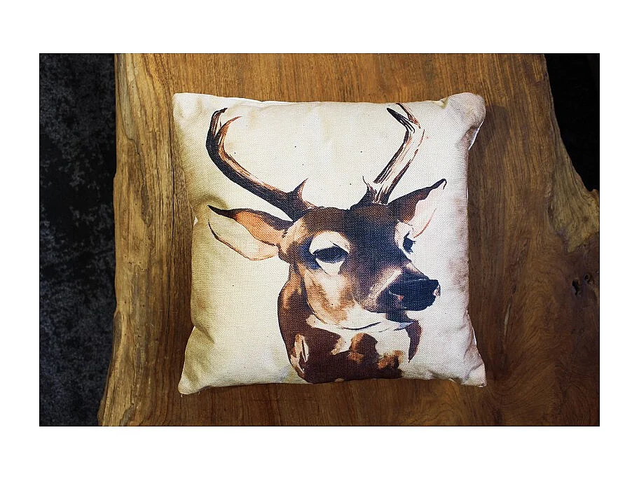 Lot 2 coussins carrés 40 cm en tissu beige imprimé - CERF