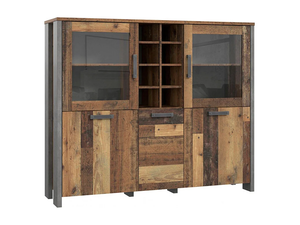 Buffet vitré 5 portes 18 niches effet bois vieilli béton gris - BUCK