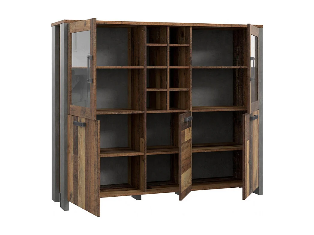 Buffet vitré 5 portes 18 niches effet bois vieilli béton gris - BUCK