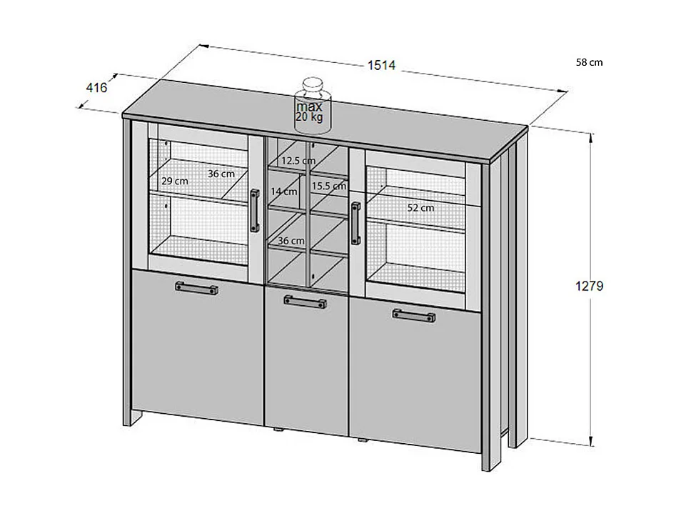 Buffet vitré 5 portes 18 niches effet bois vieilli béton gris - BUCK
