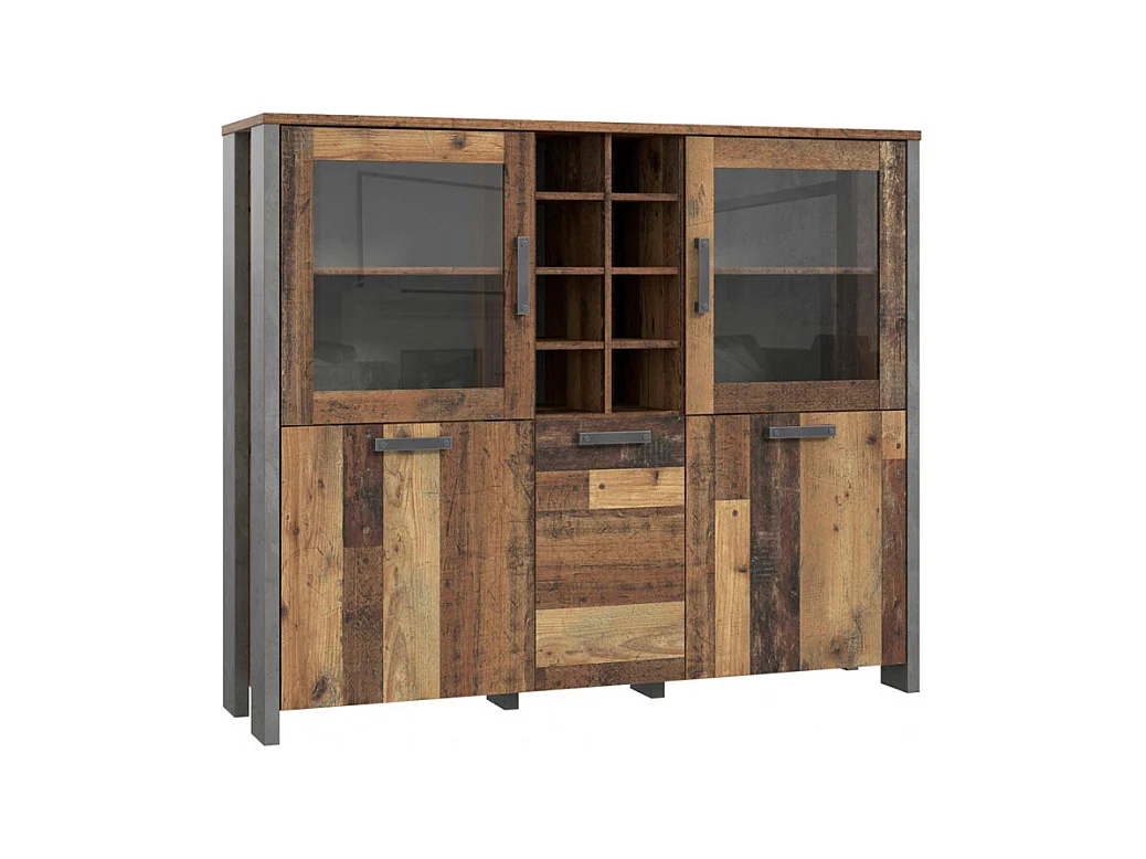 Buffet vitré 5 portes 18 niches effet bois vieilli béton gris - BUCK