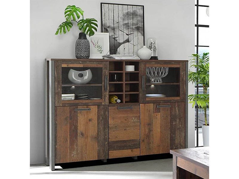 Buffet vitré 5 portes 18 niches effet bois vieilli béton gris - BUCK