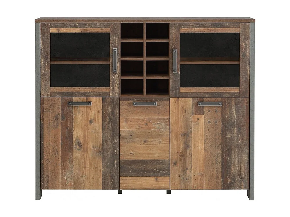 Buffet vitré 5 portes 18 niches effet bois vieilli béton gris - BUCK