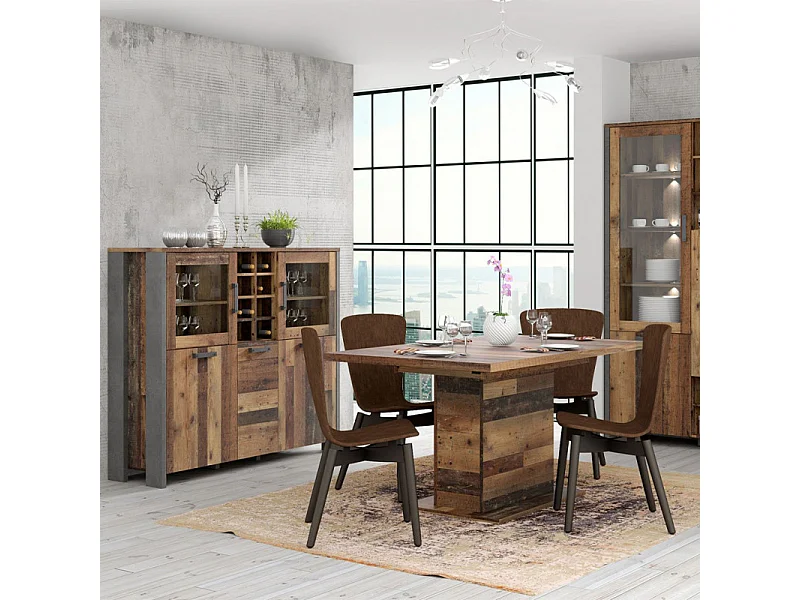 Buffet vitré 5 portes 18 niches effet bois vieilli béton gris - BUCK