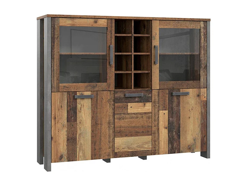 Buffet vitré 5 portes 18 niches effet bois vieilli béton gris - BUCK