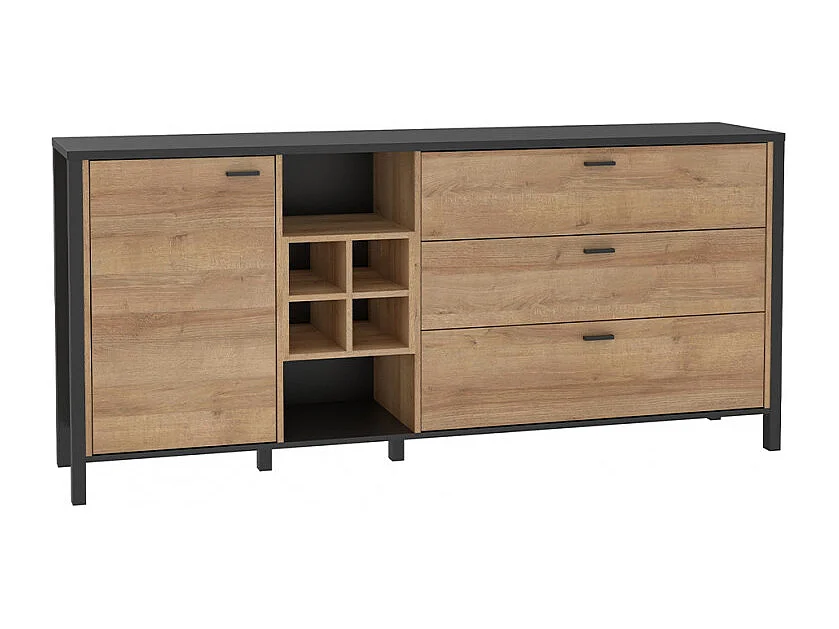 Buffet 186 cm 1 porte 3 tiroirs décor bois de chêne et noir - MODE