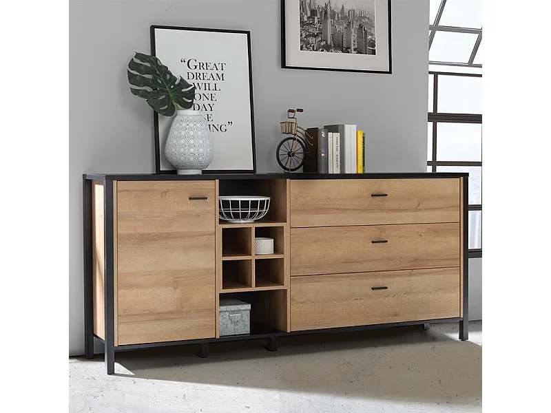 Buffet 186 cm 1 porte 3 tiroirs décor bois de chêne et noir - MODE