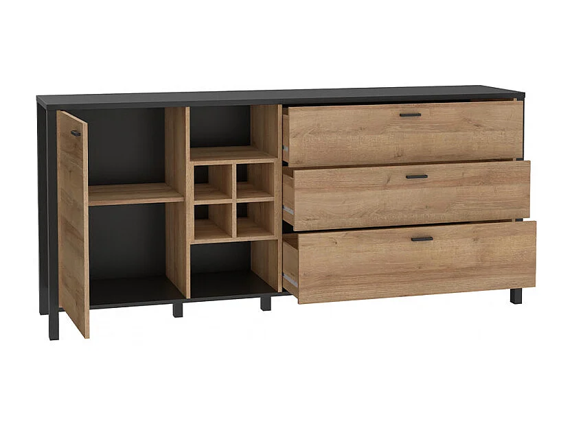 Buffet 186 cm 1 porte 3 tiroirs décor bois de chêne et noir - MODE
