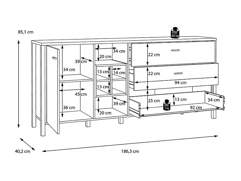 Buffet 186 cm 1 porte 3 tiroirs décor bois de chêne et noir - MODE