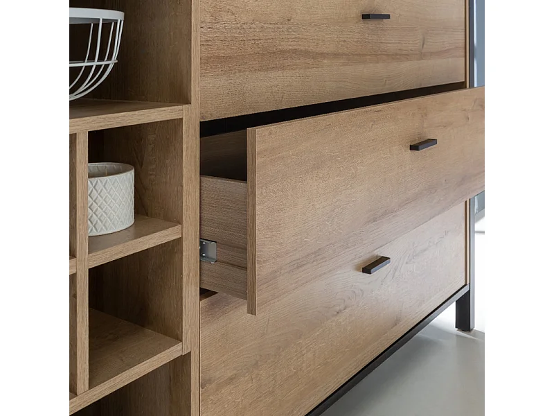 Buffet 186 cm 1 porte 3 tiroirs décor bois de chêne et noir - MODE