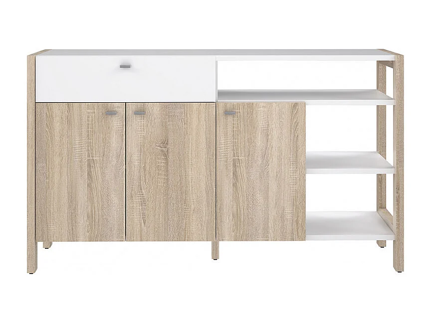 Buffet 3 portes 1 tiroir blanc et décor chêne clair - NORWAY