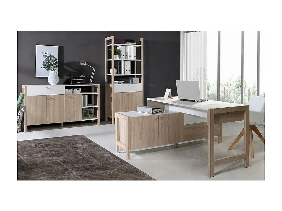 Buffet 3 portes 1 tiroir blanc et décor chêne clair - NORWAY