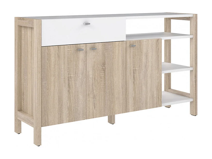 Buffet 3 portes 1 tiroir blanc et décor chêne clair - NORWAY