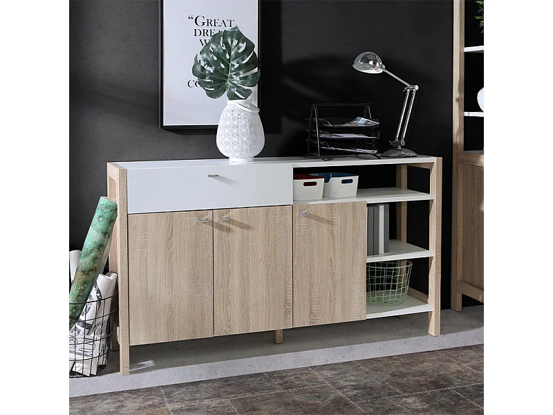 Buffet 3 portes 1 tiroir blanc et décor chêne clair - NORWAY