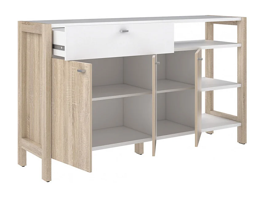 Buffet 3 portes 1 tiroir blanc et décor chêne clair - NORWAY