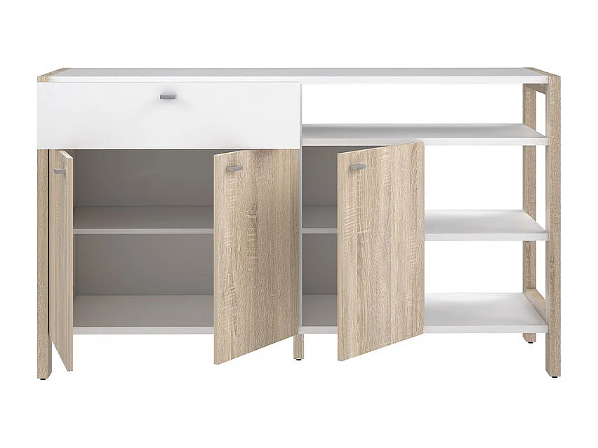 Buffet 3 portes 1 tiroir blanc et décor chêne clair - NORWAY