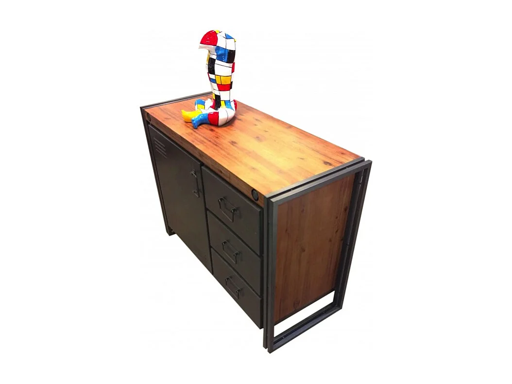 Buffet 110 cm 1 porte 3 tiroirs en bois d'acacia et métal - WORKSHOP