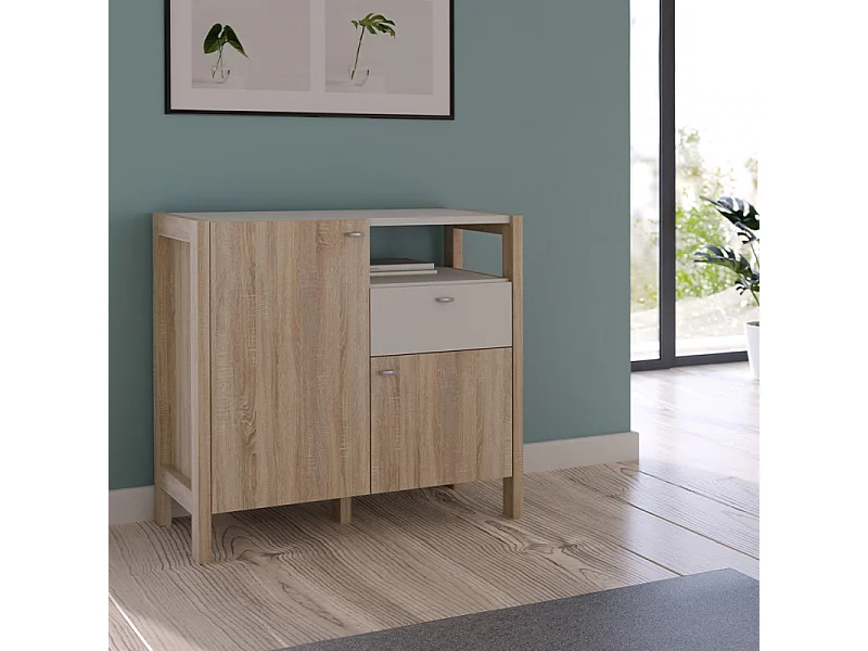 Buffet moderne 1 tiroir 2 portes décor blanc et chêne - NORWAY